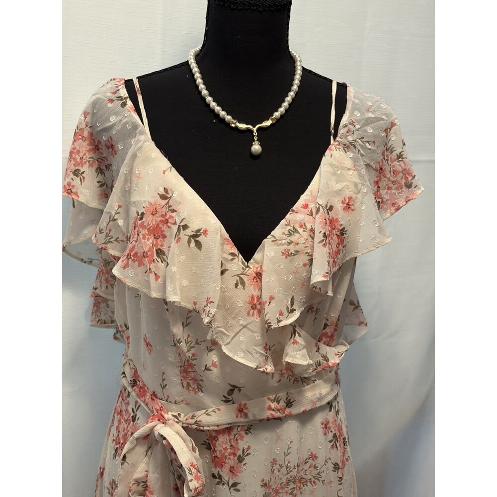 Premier Amour Ivory Pink Green Floral Chiffon Ruffle V-Neck Maxi Dress 8